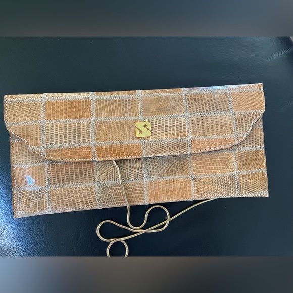 VINTAGE SANES BROWN SNAKESKIN SHOULDER CLUTCH BAG HANDBAG
CHAIN STRAP - Picture 7 of 9